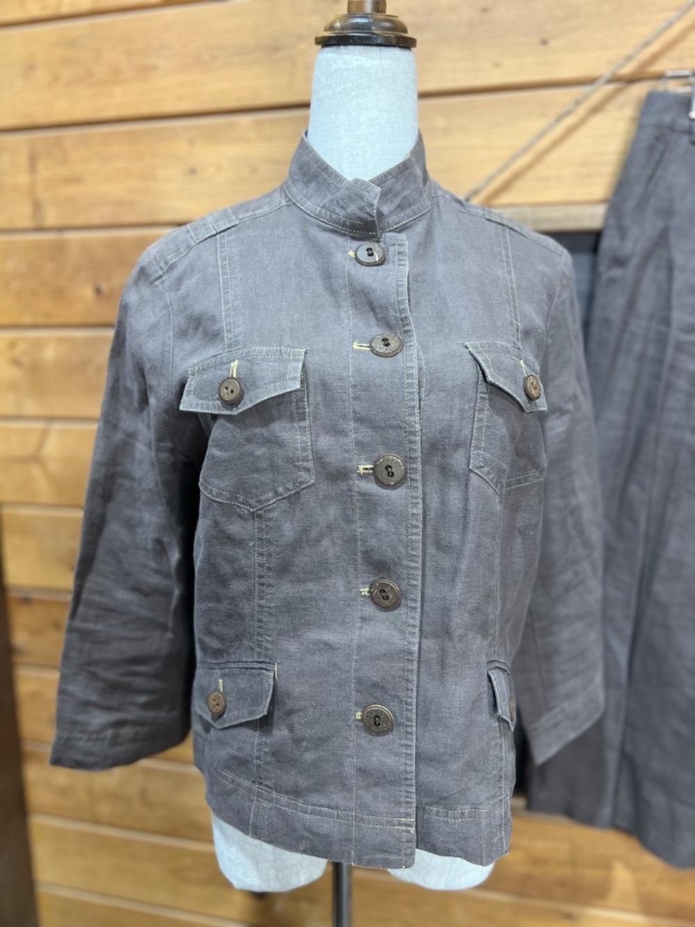 Sigrid Olsen 100% Linen Dark Taupe Matching Set Jacket Petite 8 Pants Petite 6 - Picture 2 of 15